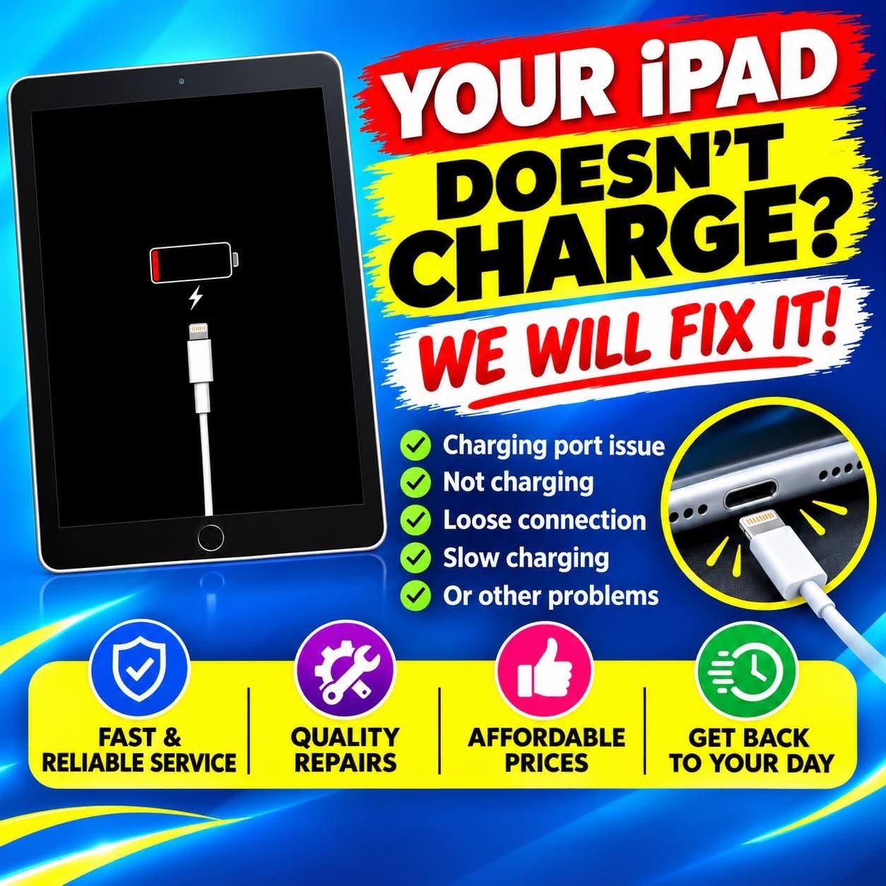 Your iPad doesn't charge? We will fix it! Charging port issues, loose connections and slow charging repaired, Smart Touch Plainland
